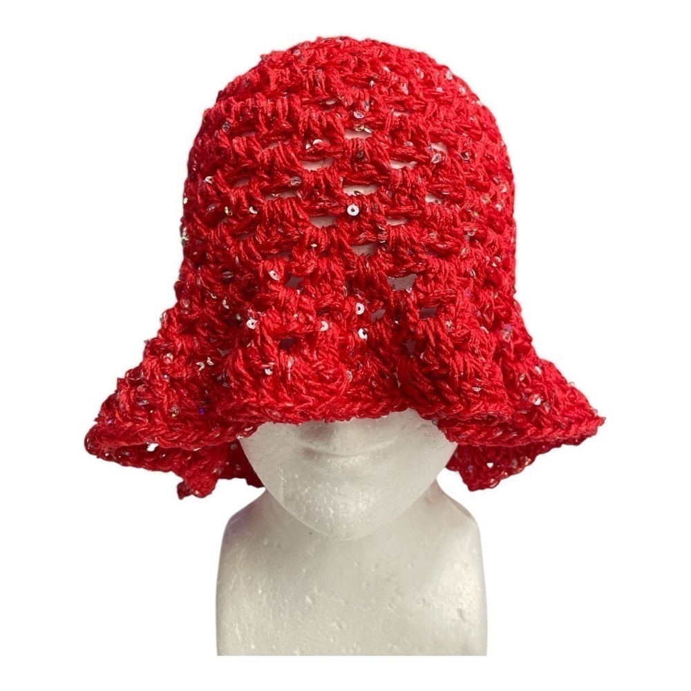 Handmade Red ruffle crochet trim hat with sequins.